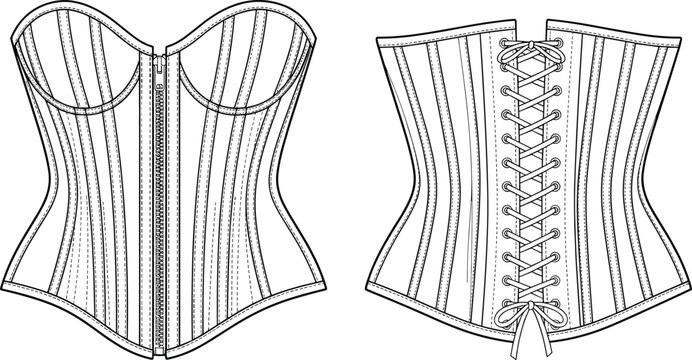 Womens underbust corset flat sketch vector with front metal zipper and back lace-up closure