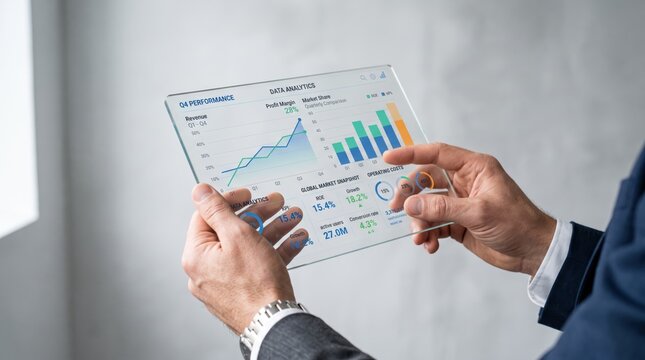 Futuristic transparent glass tablet displaying Q4 performance data analytics, profit margin graphs, and market share statistics held by businessman hands, representing advanced
