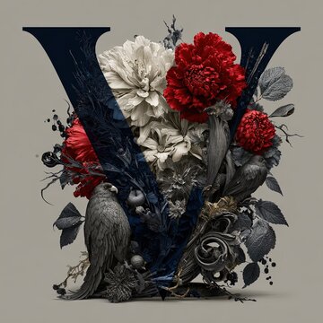 Decorative Letter V with Floral Arrangement and Birds