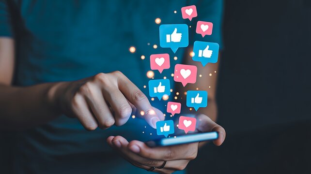  Person using smartphone with floating social media reactions and digital engagement icons
