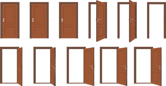 Wooden doors vector set, open and closed brown doorway animations, interior house entry frames isolated on white background