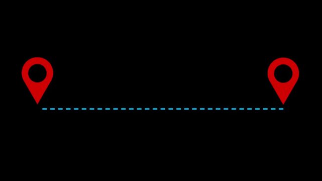 Red map pin pointer icon with blue dashed line path symbol