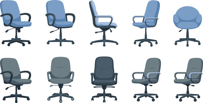Office chair vector set, ergonomic desk armchair icons, comfortable workplace furniture isolated on white background