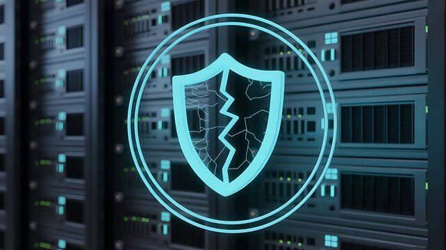 A glowing cracked shield floating in front of a server rack in a data center representing a critical cybersecurity breach and system failure