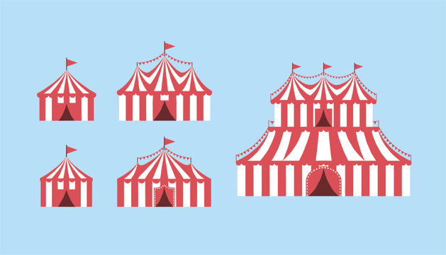Several striped circus tents are arranged in a flat vector style illustration against a solid light blue background for carnival event designs.