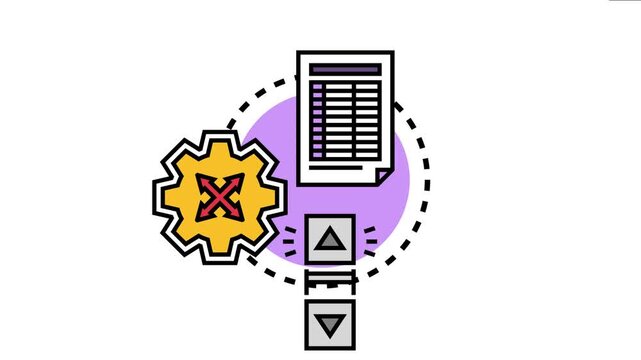 Graphic representing an automatic process of binding data to form inputs using a gear icon for processing and scroll elements for user interface interaction