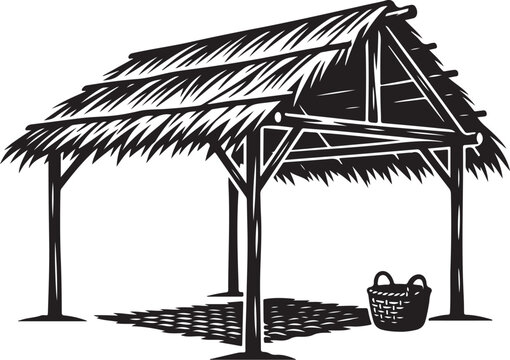 Vintage tropical hut illustration, rustic bamboo shack with thatched roof, traditional island bungalow vector, tribal shelter with basket