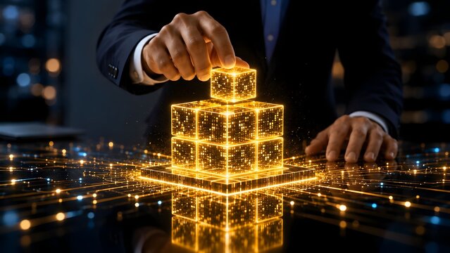 Businessman hand stacking glowing golden holographic cube on circuit board surface. Concept of business logic structure, technology integration, and corporate strategy building.