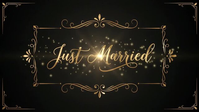 Just Married Gold Calligraphy Text Animation on Dark Background
