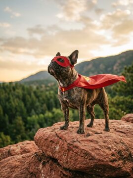 Heroic French Bulldog in Superhero Costume Standing on Rock at Sunset Overlooking Mountain Landscape