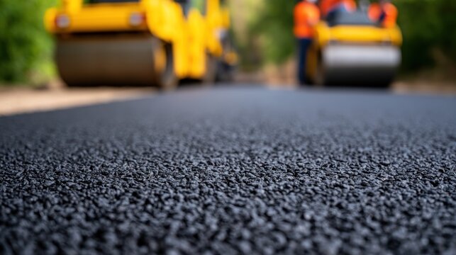Asphalt paving work with heavy machinery and workers