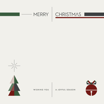 Minimalist Merry Christmas greeting card with abstract geometric elements on light cream color background modern retro style square template have blank space.