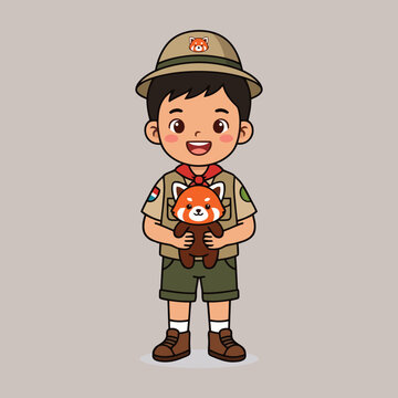 Cute Little Boy in Scout Uniform Holding a Red Panda Plush Toy Illustration for Kids Education and Childhood Adventure