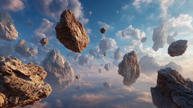 Floating rocks in a cloudy blue sky