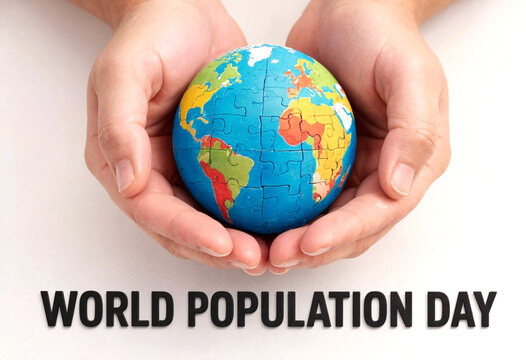 Hands carefully holding a colorful world puzzle globe for world population day awareness campaign