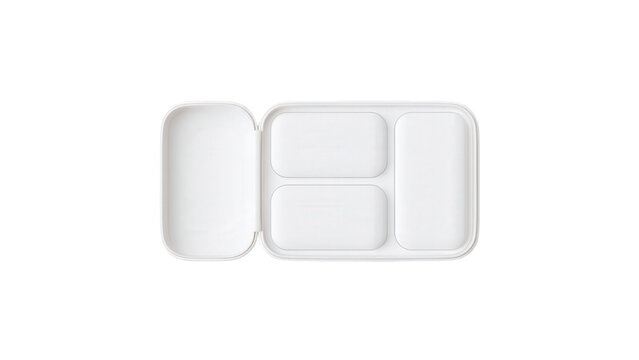 Empty white plastic compartment lunch box container with captured top on transparent background