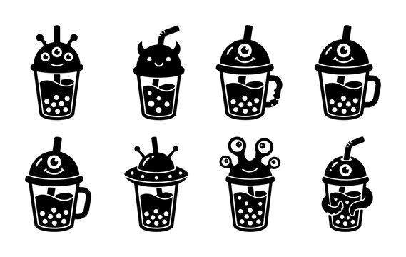 Cute Alien Bubble Tea Icons, Kawaii Monster Drinks Collection, Fun Beverage Vector Set, Black and White Cartoon Characters