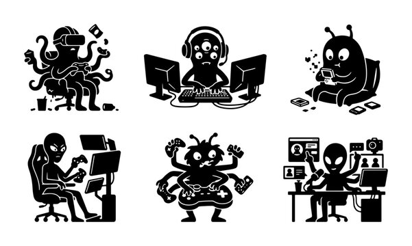 Alien Gamer Icons Set, Sci-Fi Character Collection, Extraterrestrial Gaming & Technology Vector Graphics, 6 Unique Illustrations