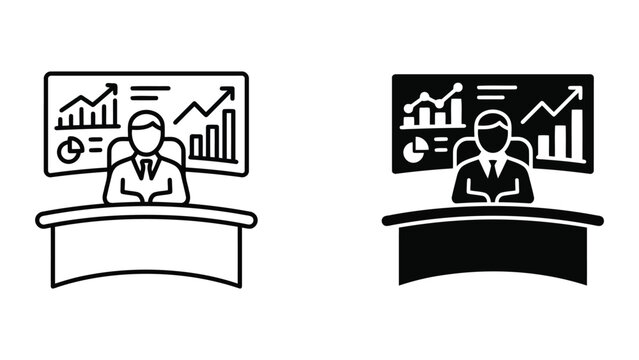 Business analyst presenting financial data charts icon set with business