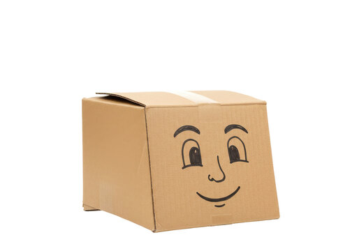 Cardboard box with hand-drawn face expressing happiness and joyful expression isolated white background