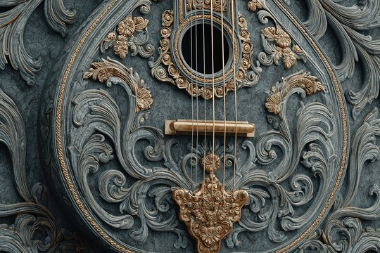 Close-Up of Elaborate Veena String Instrument Ornate Carving