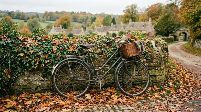 Vintage bicycle parked against an ivy-covered stone wall in a picturesque English village during autumn