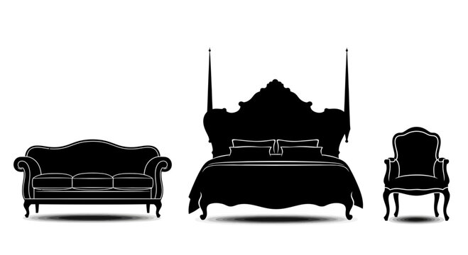 Vintage furniture silhouettes including classic sofa ornate bed and elegant chair on white background with collection vintage illustration headboard