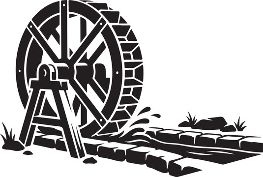 Vintage water wheel vector illustration, rustic wooden mill wheel by a stone stream, black and white traditional watermill icon
