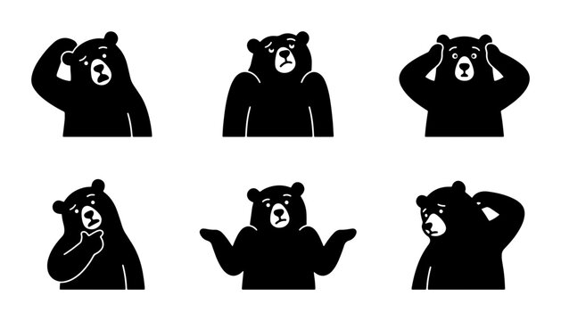 Black Bear Emoticons Set, Expressive Cartoon Bear Icons, Confused, Thinking, Questioning, Frustrated Bear Vector Graphics for Social Media and Presentations