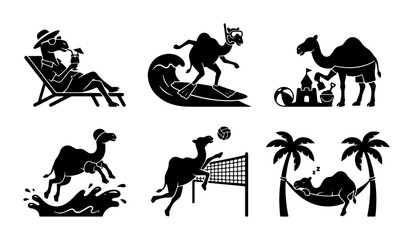 Fototapeta premium Camel Vacation Icons, Desert Animals Enjoying Beach Activities, Surfing, Volleyball, Relaxation, Set