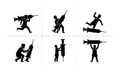 Obraz premium Medical Syringe Icon Set, Doctor and Patient Silhouette Illustrations, Healthcare and Vaccination Concepts, 6 Vector Graphics