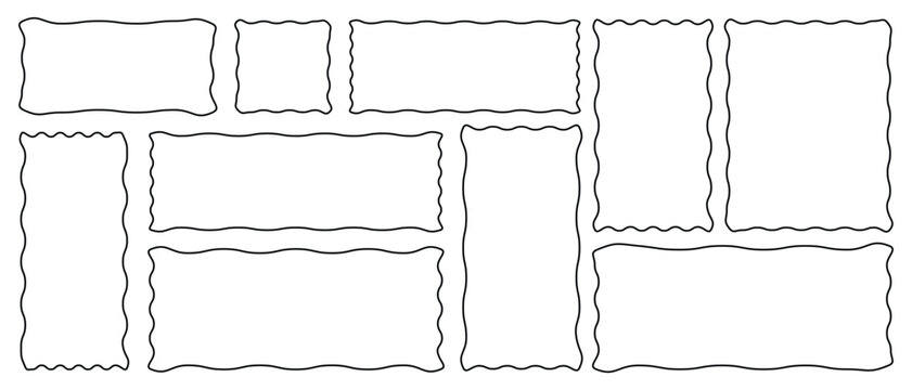 Collection of rectangle frames with wavy border  set. Black post stamp frames and borders. Set of jagged rectangle, square shape element. Different size frames. 