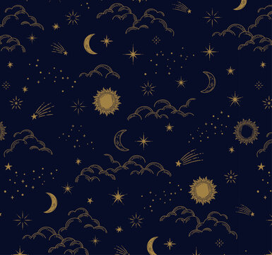 アンティーク風のおしゃれな天体のパターン　太陽　月　雲　星　シームレスな背景装飾イラスト　柄