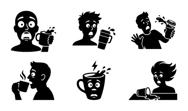 Shocked Coffee Drinker Icons, Surprised Person Spilling Hot Beverage, Vector Set of Astonished Faces with Cups, Expressing Disbelief and Surprise