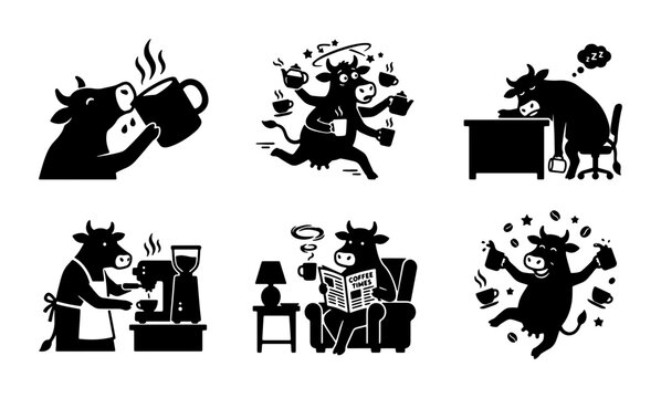 Six Silly Cow Coffee Character Icons, Vector Set: Morning Brew, Busy Barista, Tired Office Worker, Relaxed Reader, Energetic Drinker, Playful Caffeine Lover
