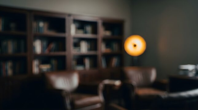 Blurred home office interior with bookshelf, dark leather chairs in a cozy study, out of focus library background for virtual meetings