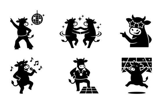 Dancing Cow Icons, Disco Party Vector Set, Fun Farm Animal Graphics, Celebration Silhouettes