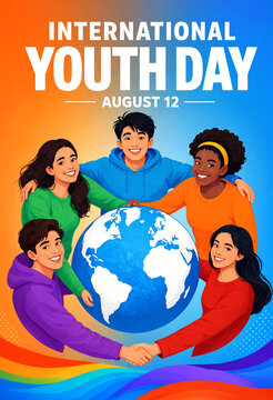 Happy diverse group of young people holding a globe for international youth day celebration event