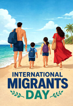 Happy family walking on a beach celebrating international migrants day together in sunshine