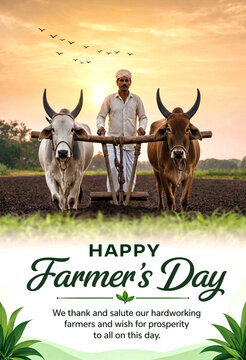 Happy farmers day celebration with a farmer plowing field using oxen at sunset time