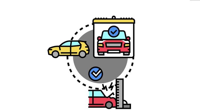 Automobile road test process illustrates sequential stages of car performance evaluation. Safety measures. And successful vehicle inspection with checkmarks confirming completion
