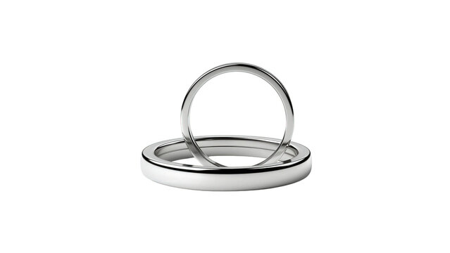 Shiny silver wedding rings interlocked on white background with embrace on transparent background