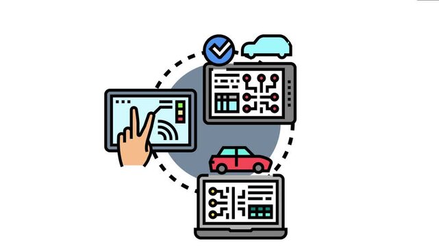 Automobile system status checking, vehicle diagnostics, remote monitoring, and smart car technology concept engaging digital devices for maintenance and efficient repair processes