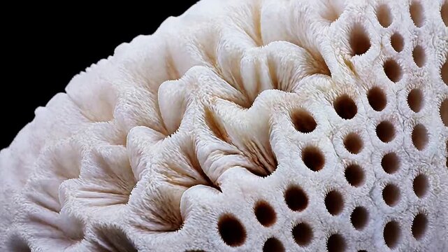 Macro coral skeleton microstructure surface, smooth opaque white surface, crystalline aragonite pattern, static, dark background