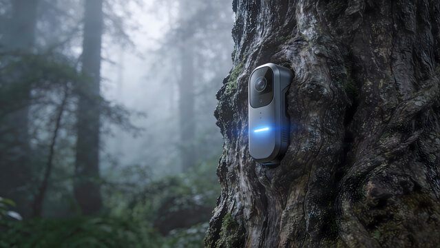 Smart device mounted on a tree trunk in a misty forest  