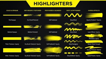 Naklejka premium Collection of Digital Yellow Highlighter Brush Strokes and Marker Effects for Graphic Design and Illustration