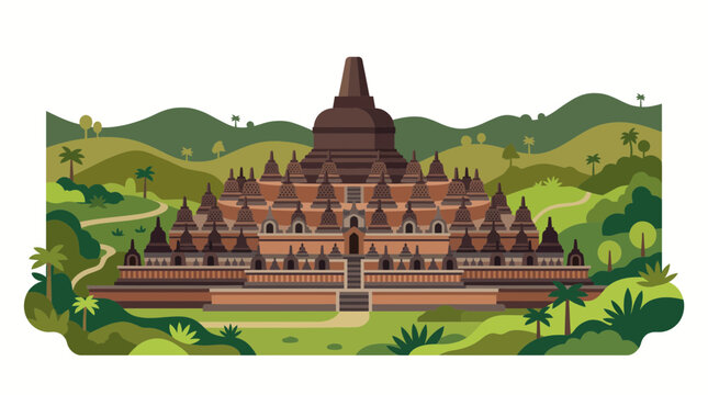 Historic Borobudur Temple Mountain Landscape Vector Illustration
