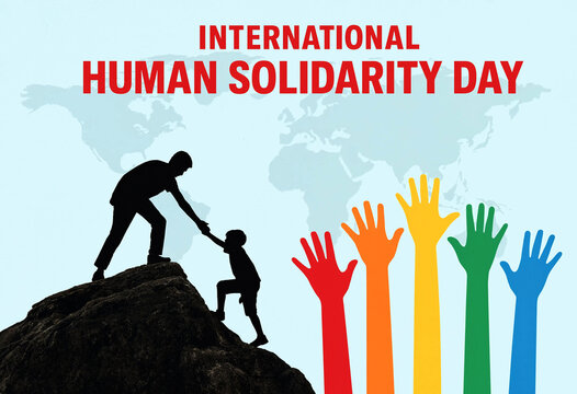 International human solidarity day illustration with helping hands and people climbing together on mountain peak