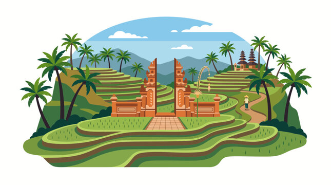 Traditional Balinese Gate Rice Field Scenery Vector Illustration
