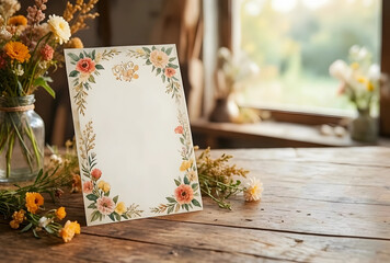 Fototapeta premium Wedding invitation mockup with floral border blank card for custom text rustic wooden table with flowers event announcements